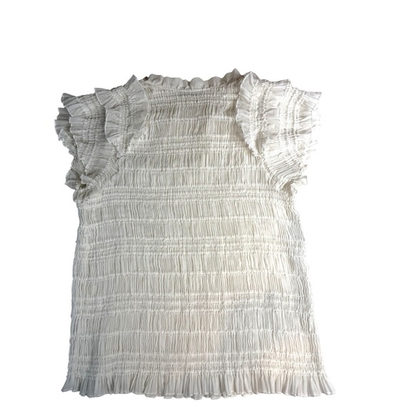 Anthropologie Sarah Hann Sheer Ruffle Shirred Top Blouse White Short Sleeve Sz L - Picture 6 of 11